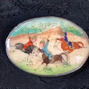 Antique Hand Painted Persian Story Brooch Set in Silver with Pendant Hook